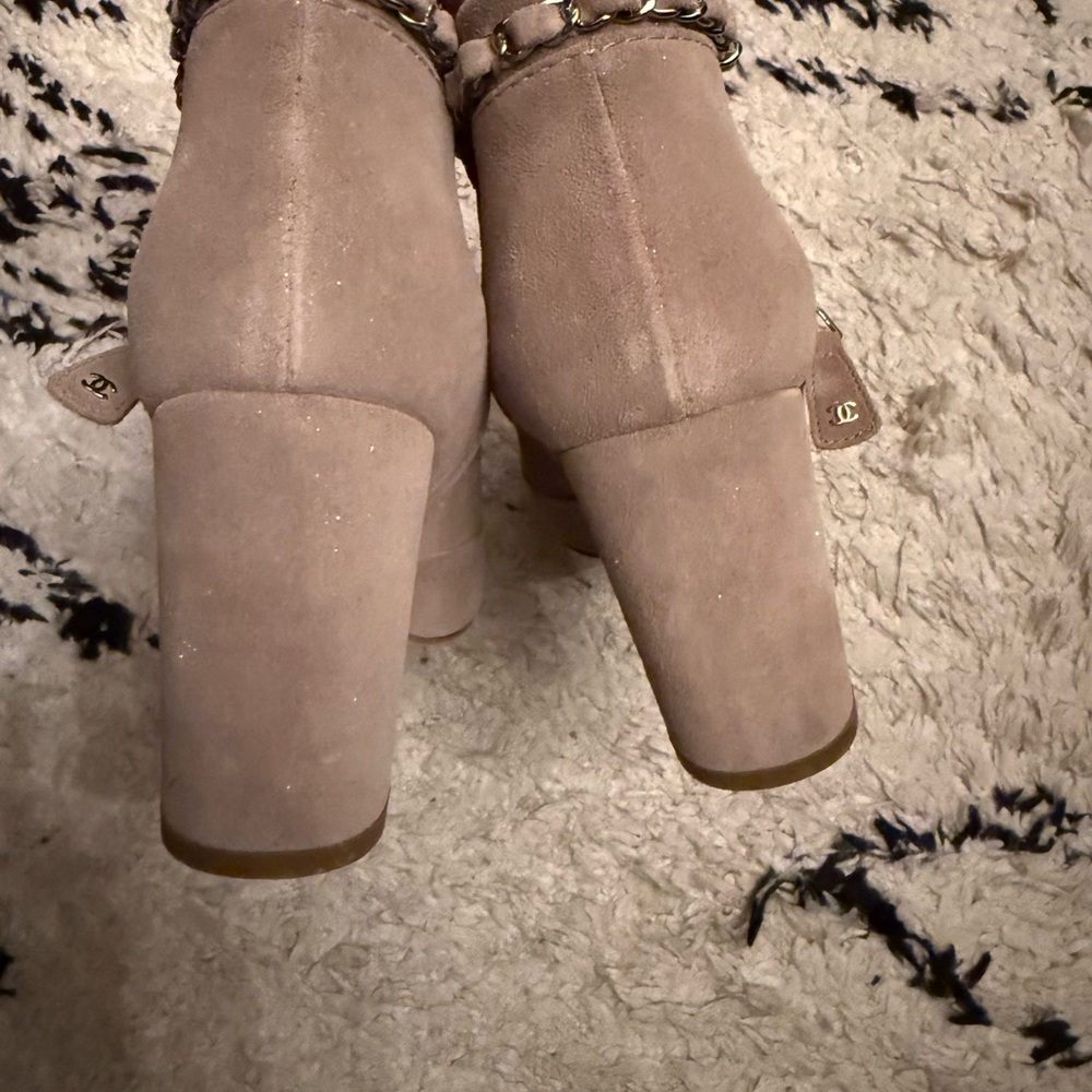 Authentic CHANEL Taupe Ankle Boots with Chain Detail - Picture 2 of 5